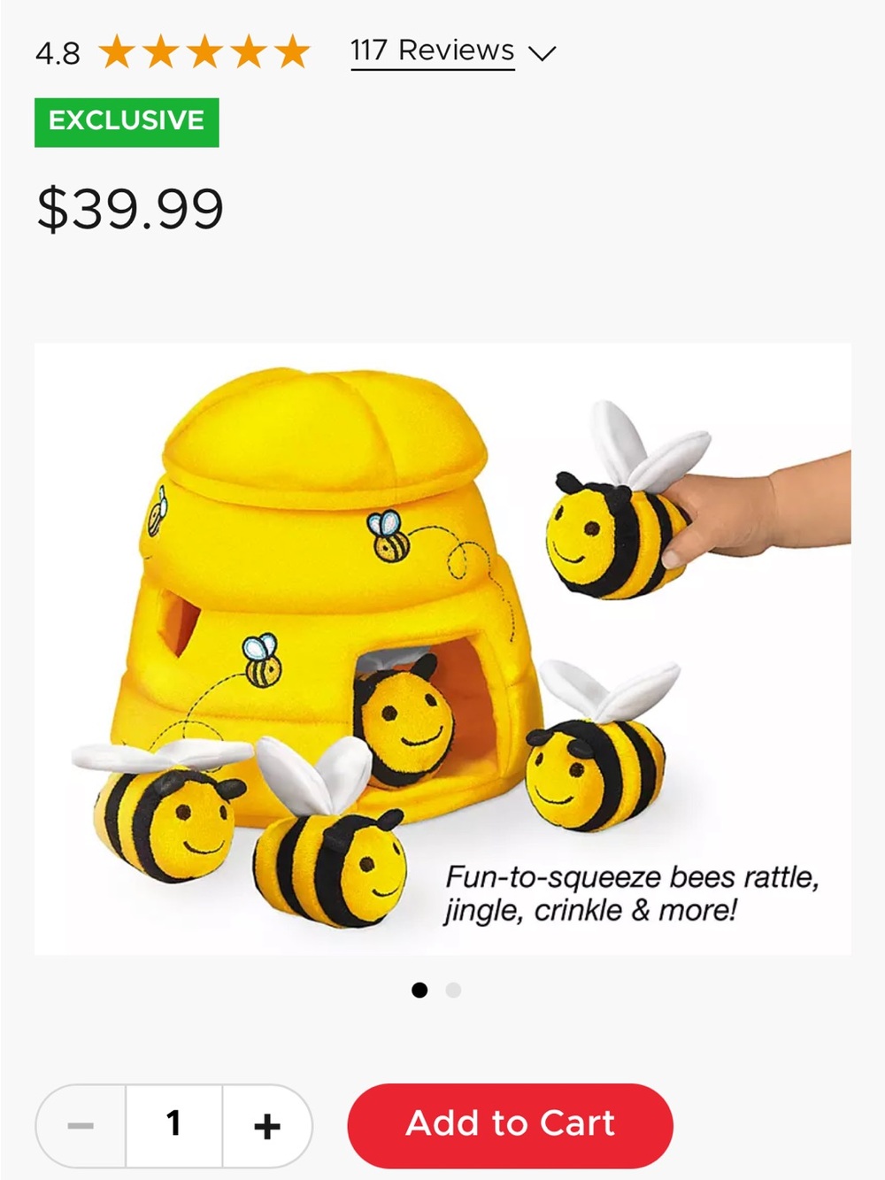 Plush Bee Hive Playset with Four Squeaky Bees - Yellow
